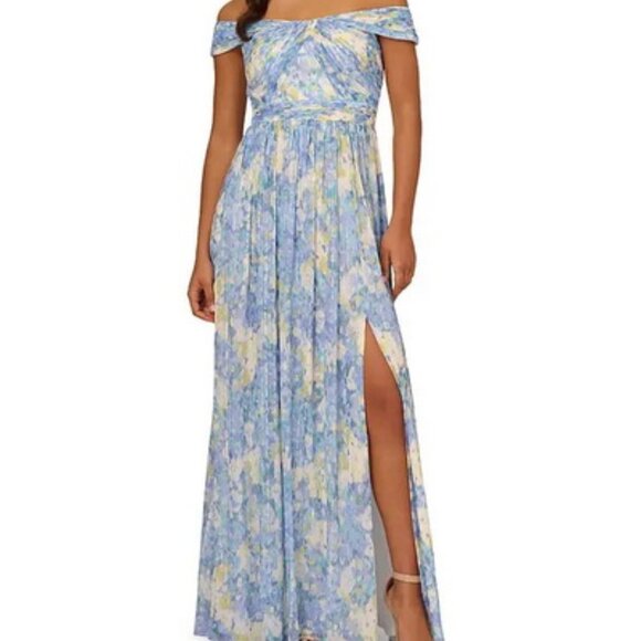 Adrianna Papell Blue Chiffon Floral Print Off-the-Shoulder Dress
